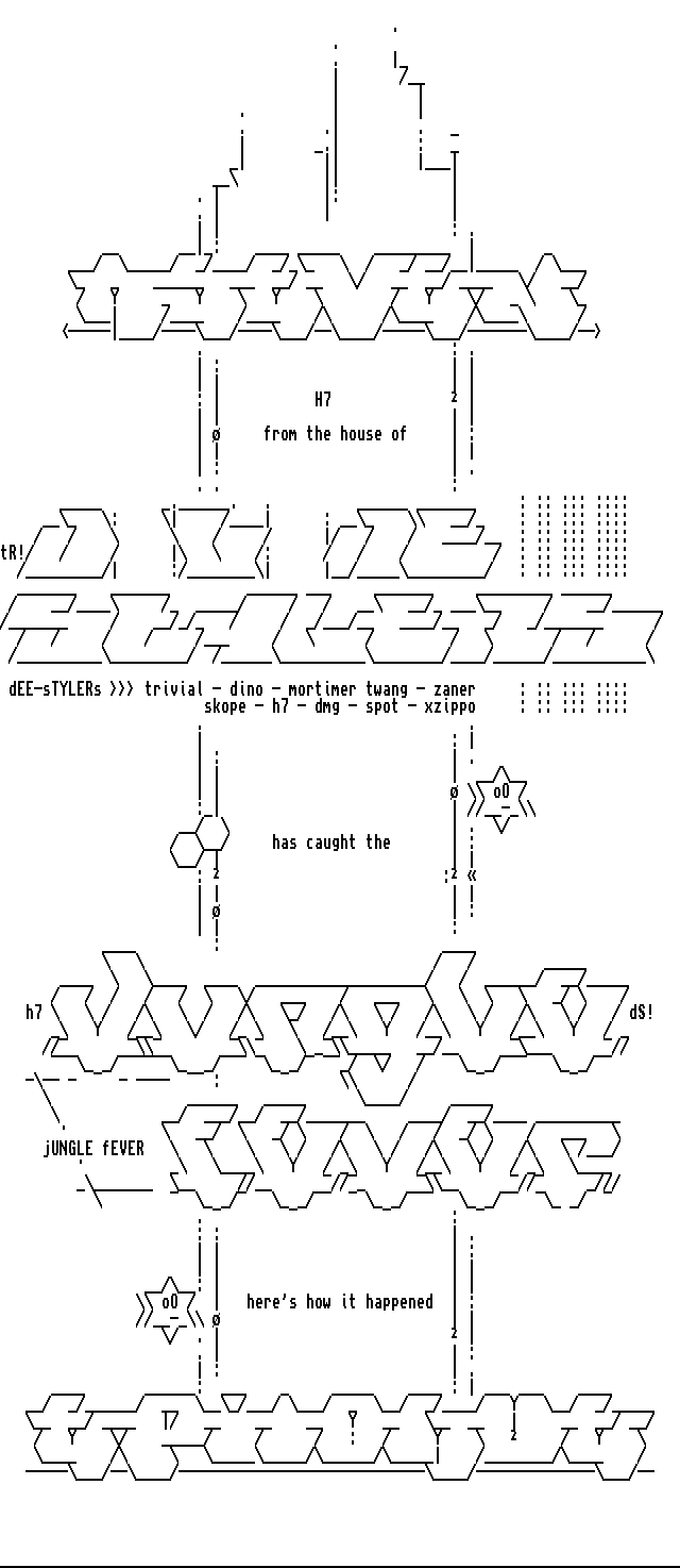 Various logos, text and patterns in black and white Amiga ASCII style