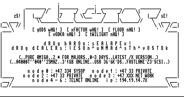 Logo and various advertising text in black and white Amiga ASCII style