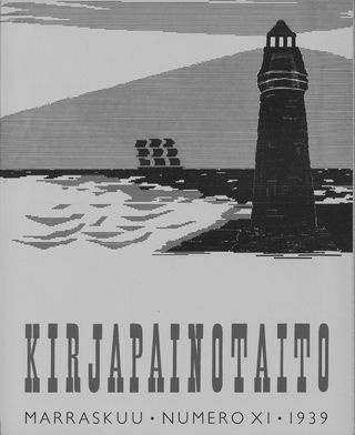 Cover of Kirjapainotaito -magazine is a graphic print of a lighthouse and a ship far in the horizon