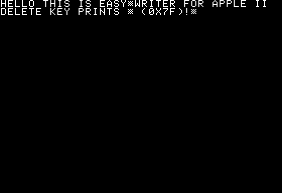 Screenshot displaying the character DEL as seen in EasyWriter from Apple II.