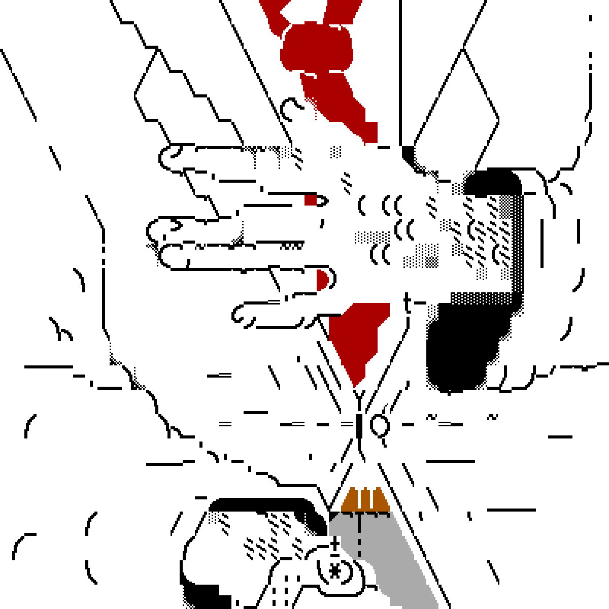 ASCII drawing depicting a closeup of a man in a suit with their hand on their chest.