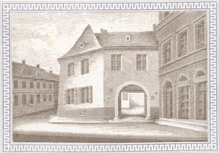 A print of Johannes Gutenberg’s house made with horizontal type rule