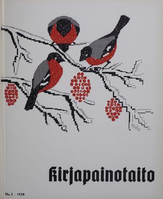 Cover of Kirjapainotaito -magazine is a graphic print of a birds eating berries, composed of brass rule