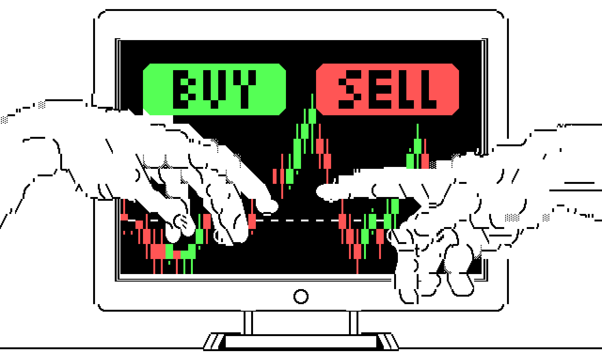 ASCII drawing with a close-up of hands from the painting 'The Creation of Adam' with a computer monitor in the background with a crypto market graph and words 'Buy' and 'Sell'