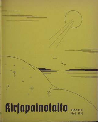 Cover of Kirjapainotaito -magazine is a graphic print of a sunset, composed of brass rule
