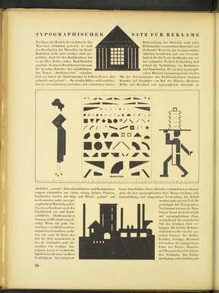 Type specimen of geometric shapes, with blocky human figures as examples of its use