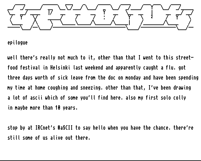 Logo and epilogue text in black and white Amiga ASCII style