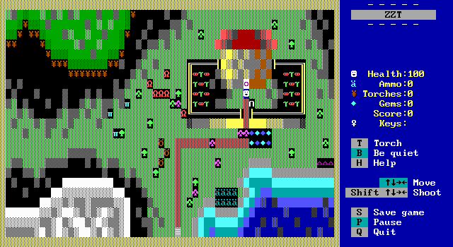 Screenshot from ZZT. In this game, the house symbols represent energizers.