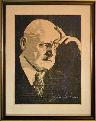 Graphic print of Jean Sibelius' portrait, composed entirely of brass rule