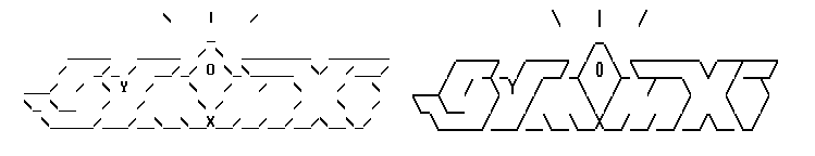 The word GRMMXI in PC and Amiga ASCII styles. The PC style word looks like it's outline is made of dashed lines while the Amiga has a more seamless outline.